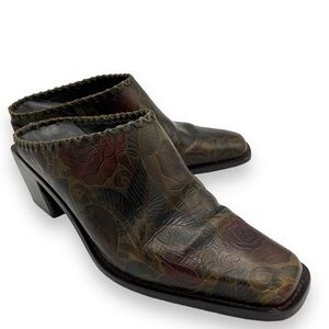 CEM 90s Tooled Leather Block Heel Teddi Mules, Olive Floral, Size 8M